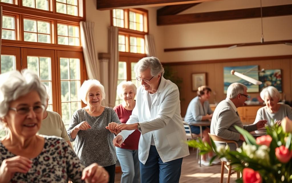 A cozy senior living community, bathed in warm, natural light streaming through large windows. In the foreground, a group of elderly residents engaged in a gentle exercise class, their faces radiating contentment. In the middle ground, a caregiver assists a legally blind senior, guiding them with a gentle touch. In the background, a vibrant art therapy session unfolds, seniors immersed in the creative process. The atmosphere is one of inclusive support, fostering independence and well-being for this population.
