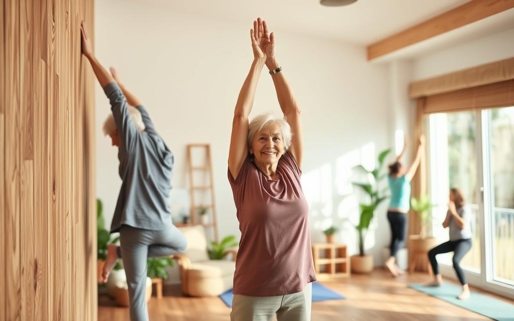 A cozy, sunlit living room with a senior woman performing wall yoga poses. In the foreground, she gracefully stretches her arms overhead, leaning against a sturdy wooden wall. The middle ground shows her engaged in various seated and standing wall poses, improving her balance and flexibility. In the background, plants and natural decor create a calming, nurturing atmosphere. Warm, soft lighting illuminates the scene, highlighting the woman's serene expression. The image conveys a sense of tranquility, ease, and the empowering nature of a sustainable wall yoga practice for aging adults.