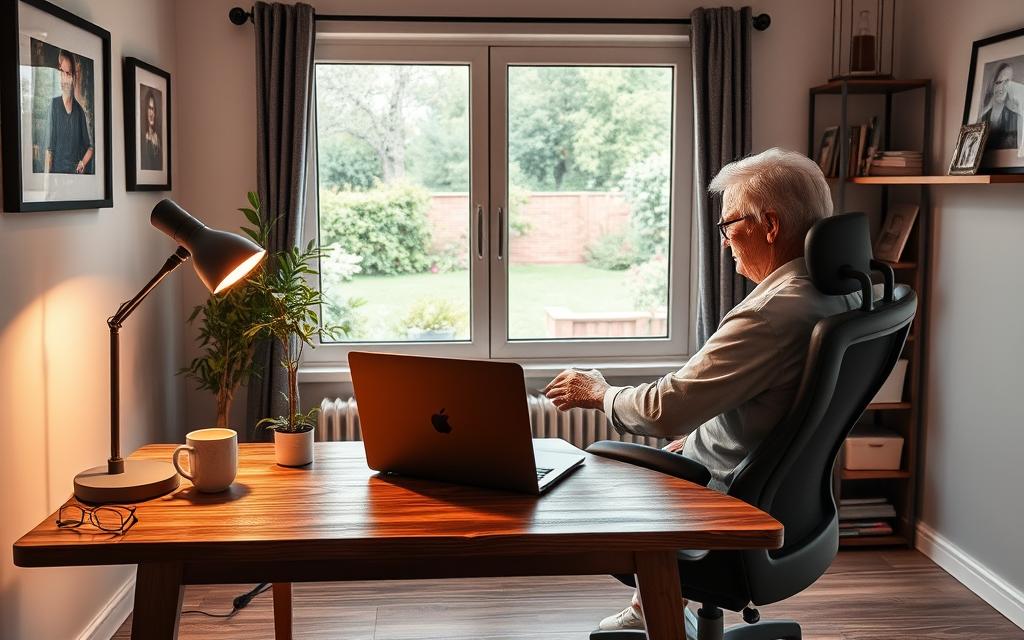 A cozy, well-lit home office setup designed for a senior citizen aged 55, with a sturdy wooden desk, ergonomic office chair, and a large window overlooking a peaceful garden. Soft, warm lighting from a desk lamp and overhead fixtures create a soothing ambiance. On the desk, a sleek laptop, a pair of reading glasses, and a cup of hot tea, alongside a small, potted plant adding a touch of nature. The walls are adorned with framed artwork and shelves displaying personal mementos, reflecting the occupant's interests and experiences. The space exudes an atmosphere of productivity, comfort, and tranquility, perfectly suited for a senior citizen working remotely.