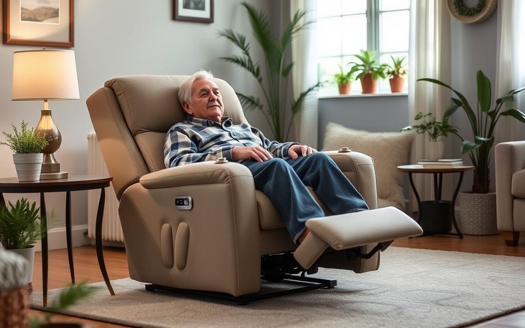 A cozy, well-lit living room setting with a senior citizen comfortably seated in a plush, motorized lift chair recliner. The chair is designed with clean lines and features adjustable controls, offering personalized support and easy mobility. Surrounding the chair are decorative elements that create a warm, inviting atmosphere, such as a soft area rug, a side table with a reading lamp, and potted plants. The lighting is gentle, casting a soft glow that highlights the chair's features and the senior's relaxed posture. The scene conveys a sense of independence, comfort, and accessibility for the senior, reflecting the medical conditions that qualify them for this type of assistive equipment.