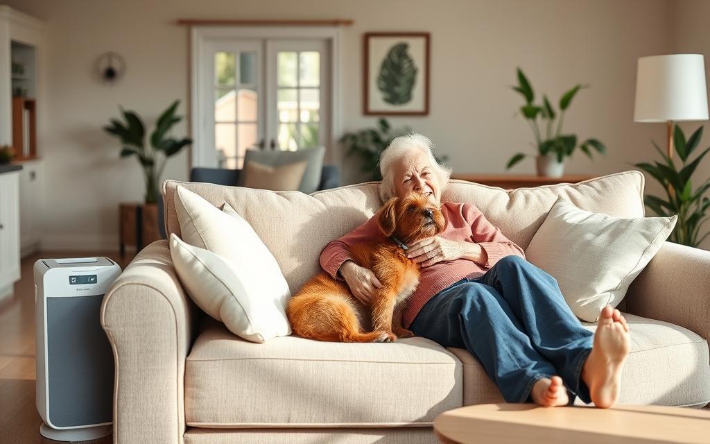 A cozy, well-lit living room with soft, hypoallergenic furnishings and air purifiers strategically placed. An elderly woman relaxes on a plush, pet-friendly couch, happily petting her loyal companion, a hypoallergenic dog breed known for its low-shedding coat. The room's neutral color palette and natural lighting create a serene, allergen-reduced environment, promoting the woman's comfort and enjoyment of her canine companion. Subtle touches, like a HEPA air filter and houseplants, further enhance the healthy, allergy-conscious atmosphere.