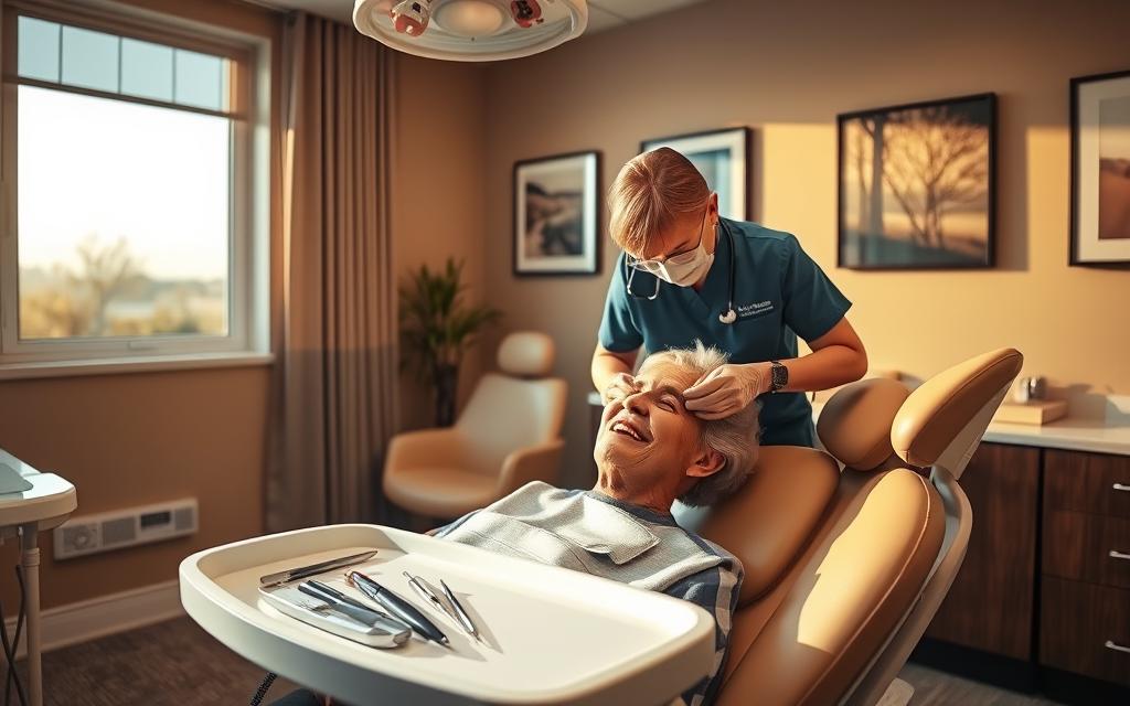 A dental office interior with warm lighting, a senior citizen patient seated in a dental chair, a dentist or dental hygienist in scrubs examining their mouth, dental tools and equipment neatly arranged on a tray, a window overlooking a peaceful outdoor scene, and calming artwork on the walls. The atmosphere conveys a sense of professionalism, care, and reassurance as the patient undergoes routine maintenance and inspection of their dental implants.