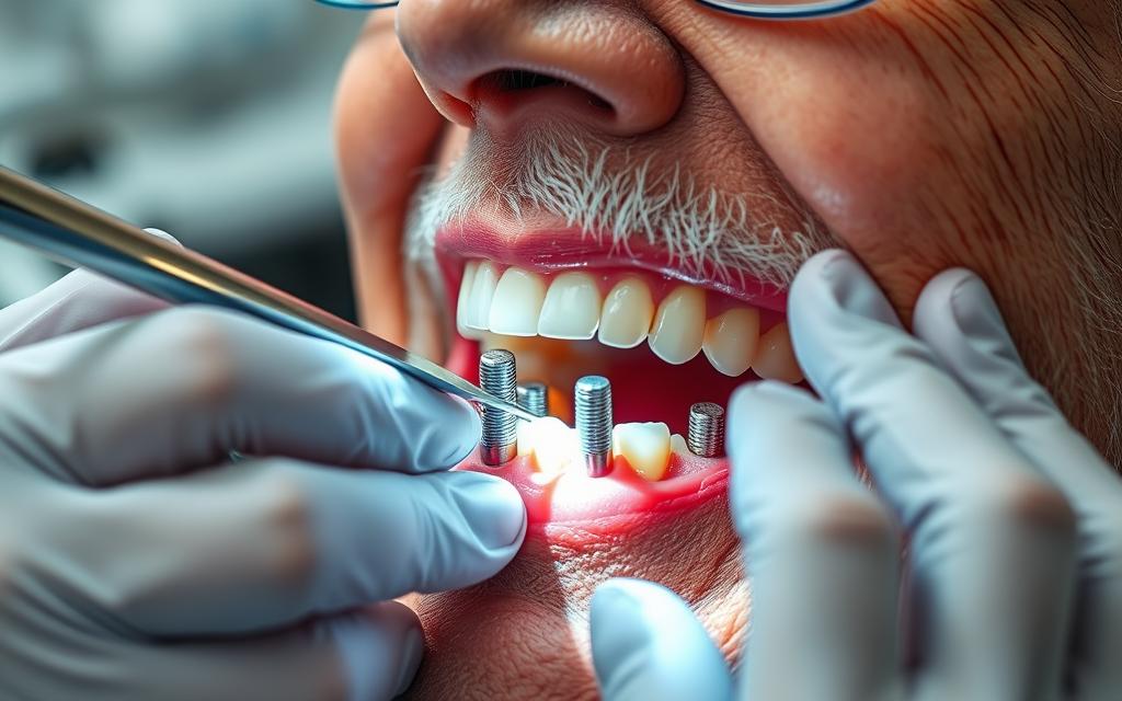 A detailed close-up view of a senior patient's mouth during a full mouth dental implant procedure. The dentist's steady hands carefully insert the titanium implants, creating a secure foundation for a new set of natural-looking teeth. The lighting is bright and focused, accentuating the intricate surgical steps. The patient's expression conveys a sense of trust and relief, as the modern, minimally invasive approach ensures a comfortable, efficient treatment. The background is blurred, keeping the attention on the delicate procedure unfolding before us.