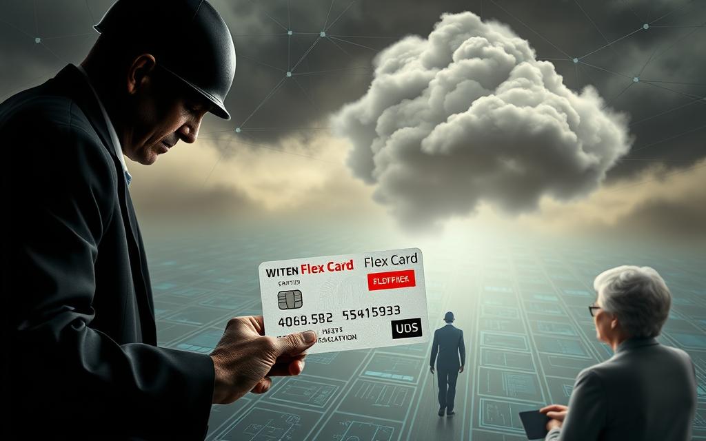 A digital landscape of a Medicare scam, featuring an elderly person caught in a web of deception. In the foreground, a manipulative figure lurks, brandishing a fraudulent "Flex Card" that promises healthcare benefits but conceals sinister motives. The middle ground depicts a maze of technical interfaces, obfuscating the true nature of the scheme. In the background, a cloud of uncertainty and anxiety looms, as the senior citizen navigates this treacherous digital landscape, unaware of the impending danger. Soft, muted tones convey a sense of unease, while harsh lighting and sharp angles create a sense of vulnerability and tension. The scene captures the predatory nature of this modern Medicare scam, warning viewers to be vigilant against such deceptive practices.