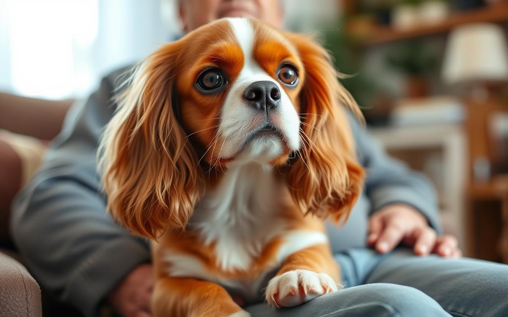 A gentle, medium-sized Cavalier King Charles Spaniel sits calmly on the lap of a senior citizen. The dog's silky, chestnut-colored coat glistens in the soft, warm lighting. Its large, soulful eyes gaze up adoringly at its owner, conveying a sense of unwavering loyalty and companionship. In the background, a cozy, domestic interior provides a comforting, intimate setting, reflecting the close bond between the senior and their beloved canine companion. The scene evokes a sense of tranquility, comfort, and the deep emotional connection that can develop between seniors and this breed's affectionate, gentle nature.