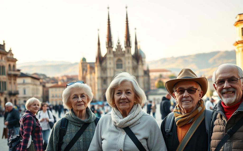 A group of senior citizens, dressed in comfortable travel attire, exploring an international destination with a sense of wonder and adventure. In the foreground, they stand in a bustling town square, surrounded by ornate architecture and locals going about their daily lives. The middle ground features a towering cathedral, its spires reaching skyward, casting a warm, golden glow over the scene. In the background, rolling hills and a distant horizon line set the stage for this culturally rich and visually stunning international locale. Soft, diffused lighting illuminates the faces of the elderly travelers, their expressions a blend of curiosity and contentment as they immerse themselves in the vibrant sights and sounds of their surroundings.