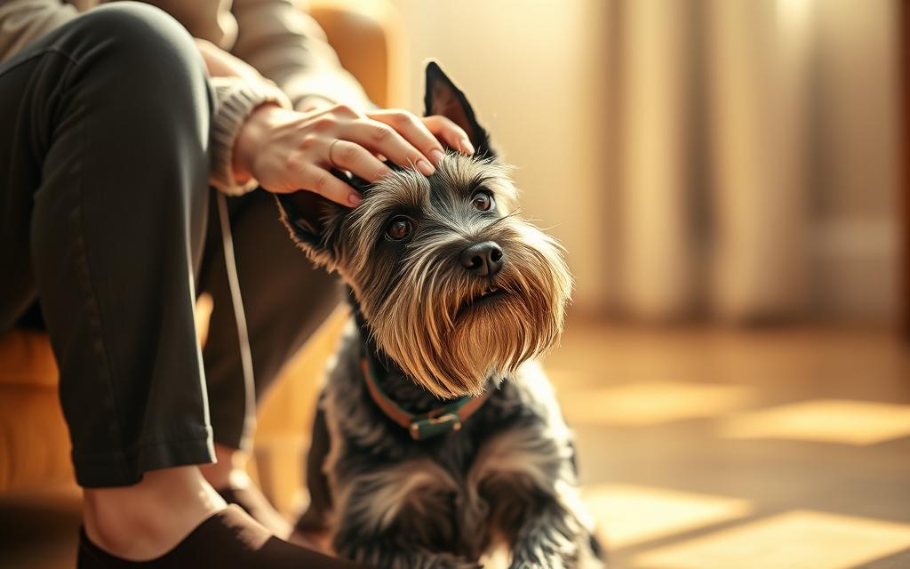 A miniature schnauzer with a soft, hypoallergenic coat sits calmly at the feet of an elderly woman, gazing up at her with an alert and affectionate expression. The scene is bathed in warm, natural lighting, creating a cozy and inviting atmosphere. The dog's compact, muscular frame and distinctive beard and eyebrows give it a distinctive, intelligent appearance, reflecting its reputation as a loyal and protective companion. The woman's gentle hand rests on the dog's head, underscoring the bond between them. The image conveys a sense of comfort, security, and the companionship that a miniature schnauzer can provide for a senior owner.