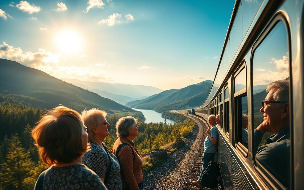 A panoramic view of a scenic train journey through the majestic North American landscape, captured from the large, picture windows of a vintage rail car. In the foreground, a group of senior travelers gazes out in awe, their faces alight with wonder and delight. The train winds its way through rolling hills blanketed in lush, verdant forests, with the occasional glimpse of a serene lake or rushing river. Warm, golden sunlight filters through wispy clouds, casting a soft, nostalgic glow over the entire scene. The train's sleek, stainless steel exterior reflects the changing vistas, creating a dreamlike, cinematic atmosphere. This immersive experience offers senior adventurers a chance to disconnect, slow down, and savor the beauty of the great North American wilderness.