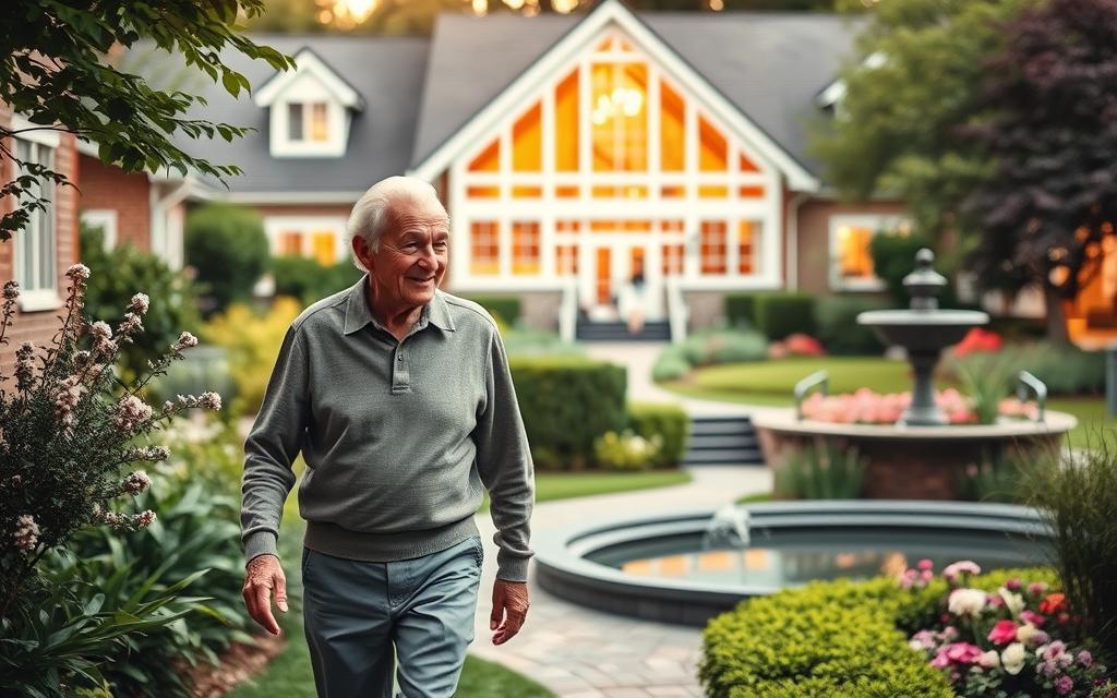 A peaceful retirement community nestled amidst lush greenery, where senior citizens gather to enjoy their golden years. In the foreground, an elderly couple strolls hand-in-hand, their faces etched with contentment as they discuss their social security benefits. The middle ground reveals a vibrant community center, its windows glowing with warmth and activity. In the background, a manicured garden adorned with blooming flowers and a serene water feature sets the stage for a tranquil, picturesque scene. Soft, natural lighting casts a warm, inviting glow, creating a sense of comfort and security. This image evokes a harmonious and fulfilling retirement, where seniors can embrace the joys of their later years.