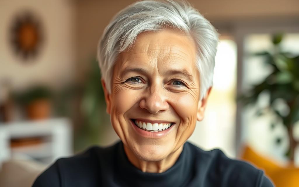 A portrait of a smiling senior citizen, aged 55 to 60, in a well-lit, warm-toned environment. The subject's face is the focal point, capturing their genuine joy and contentment. The background features a blurred, natural setting, perhaps a garden or a cozy living room, conveying a sense of comfort and wellness. The lighting is soft and diffused, creating a flattering, youthful glow on the subject's features. The composition emphasizes the subject's confident, healthy smile, highlighting the transformative benefits of dental implants for seniors, restoring their confidence and quality of life.
