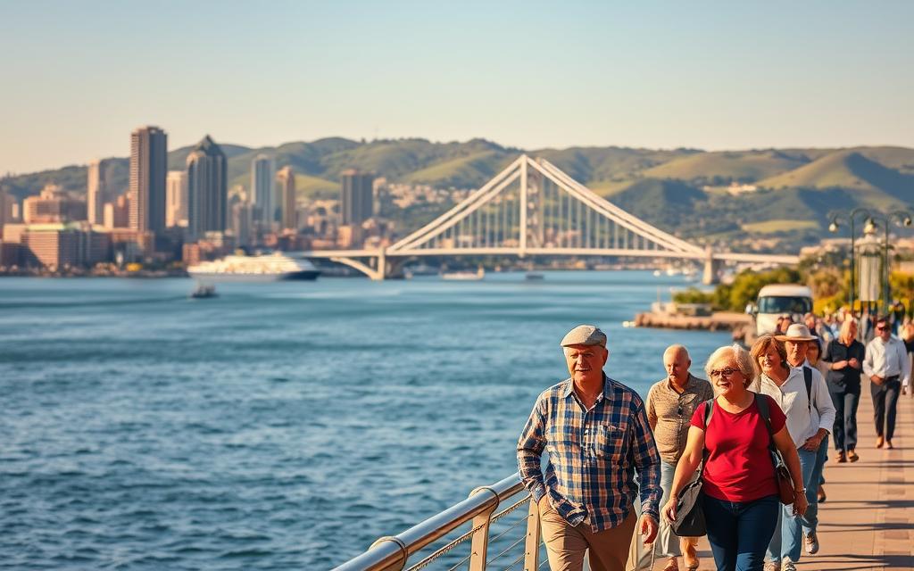 A scenic coastal vista of San Diego's vibrant downtown skyline, complemented by the tranquil waters of the harbor. In the foreground, a group of senior travelers leisurely strolling along the bustling waterfront promenade, admiring the historic ships and enjoying the mild Mediterranean climate. The middle ground features the iconic Coronado Bridge, its graceful arches spanning the bay. In the background, the lush green hills and canyons of Balboa Park, a renowned cultural hub for seniors to explore museums, gardens, and performing arts. Warm, golden sunlight filters through the scene, creating a welcoming, serene atmosphere for active senior travelers to discover the charms of this vibrant California destination.