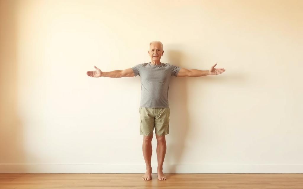 A senior adult standing in front of a plain white wall, performing a wall-supported core stabilization exercise. Their torso is parallel to the ground, legs extended, arms extended in front of them, engaging their abdominal muscles to maintain balance and stability. Warm, natural lighting illuminates the scene, creating a serene, focused atmosphere. The image highlights the simplicity and effectiveness of this exercise for toning the core and reducing belly fat in older individuals.