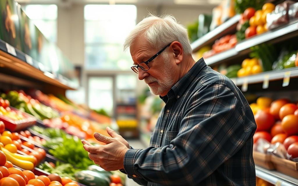 A senior citizen carefully examines the produce section, considering the best options for their Medicare grocery allowance. The bright, airy grocery store is bathed in warm, natural light filtering through large windows. Aisles are well-stocked, with vibrant colors and textures of fresh fruits and vegetables. The elderly shopper appears thoughtful, navigating the challenges of stretching their food budget and selecting nourishing, affordable items. A sense of determination and resourcefulness emanates from the scene, capturing the complexities of managing Medicare's grocery benefits.