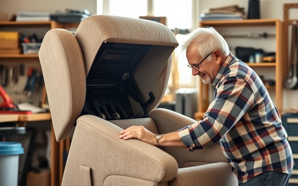 A senior citizen carefully examining the inner workings of their Medicare-covered lift recliner, sitting in a well-lit home workshop. The chair is elevated, exposing its mechanism, while the person leans in with a focused expression, ready to perform routine maintenance. The background features organized shelves of tools and spare parts, creating a serene, organized atmosphere conducive to precise repair work. Warm, natural lighting casts a soft glow, emphasizing the delicate care and attention required to keep the recliner in top condition for continued comfortable use.