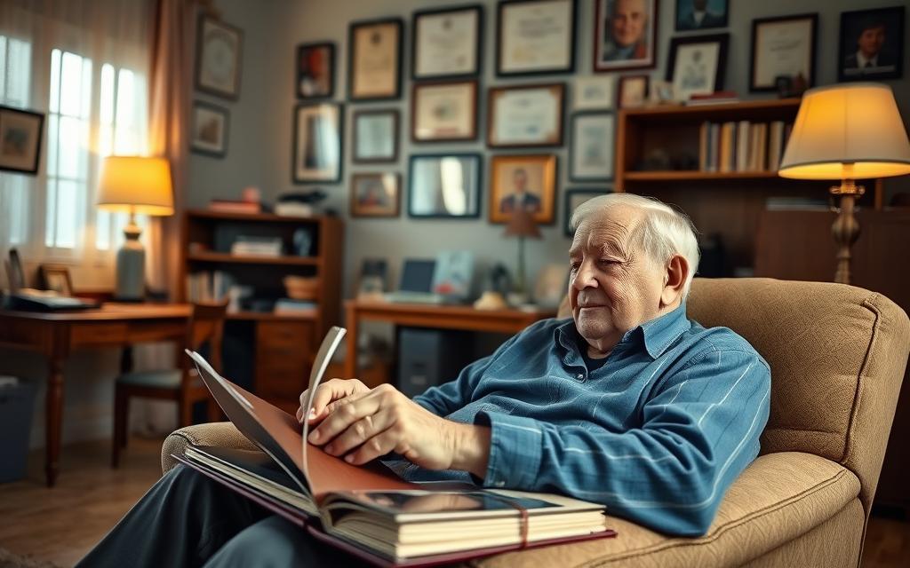 A senior citizen relaxing at home, surrounded by mementos from their long career. In the foreground, an elderly person sits comfortably in a plush armchair, fingers tracing the worn leather of a well-thumbed photo album. The middle ground reveals a wall adorned with framed certificates and awards, testifying to a lifetime of hard work and dedication. The background showcases a cozy, well-lived-in living room, imbued with a warm, soft lighting that casts a gentle glow upon the scene. Hints of a career's worth of experiences - a desk, a bookshelf, a filing cabinet - lend a sense of accumulated wisdom and a lifetime of professional accomplishments.