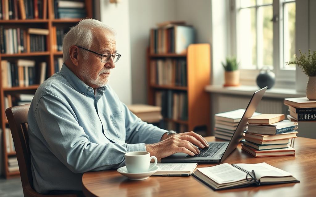 A senior citizen sits at a wooden desk, laptop open, focused on writing and editing tasks. Soft natural light filters through a nearby window, casting a warm glow on the scene. Stacks of reference books, a cup of tea, and a pair of reading glasses complete the cozy, productive workspace. In the background, a bookshelf filled with volumes on various writing and editing subjects hints at the depth of experience this freelance professional brings to their craft. The atmosphere conveys a sense of quiet confidence and fulfillment, reflecting the valuable contributions seniors can make in the world of freelance writing and editing.
