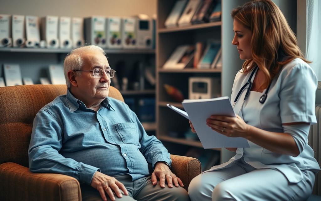 A senior citizen sits in a comfortable armchair, focused intently on a government employee who is explaining the details of a hearing aid program. The scene is bathed in warm, soft lighting, creating a sense of trust and reassurance. In the background, shelves filled with medical equipment and brochures suggest a healthcare setting. The overall mood is one of support and accessibility, reflecting the government's commitment to providing essential hearing assistance to those in need. A senior citizen sits in a comfortable armchair, focused intently on a government employee who is explaining the details of a hearing aid program. The scene is bathed in warm, soft lighting, creating a sense of trust and reassurance. In the background, shelves filled with medical equipment and brochures suggest a healthcare setting. The overall mood is one of support and accessibility, reflecting the government's commitment to providing essential hearing assistance to those in need.