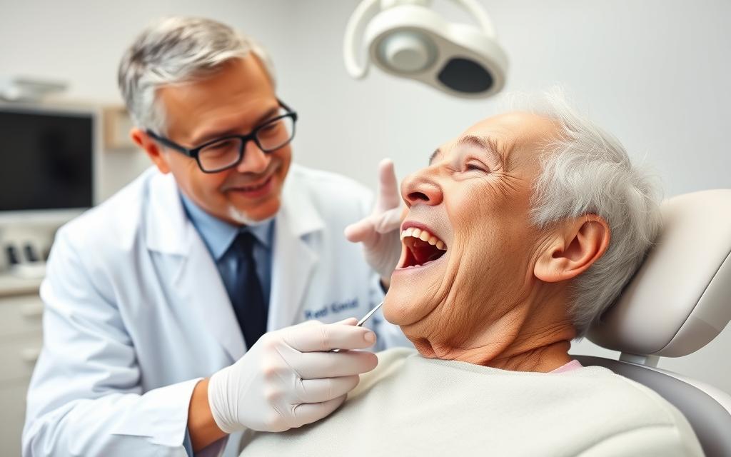 A senior citizen sitting in a dentist's chair, their mouth open wide as a dentist examines their teeth. The dentist is wearing a white coat and has a serious expression, carefully inspecting the patient's oral cavity. The room is well-lit, with clean, modern dental equipment visible in the background. The patient looks slightly apprehensive, but the dentist's calm demeanor reassures them. The scene conveys the steps involved in securing dental implant coverage, highlighting the importance of professional dental care for seniors on Medicare.