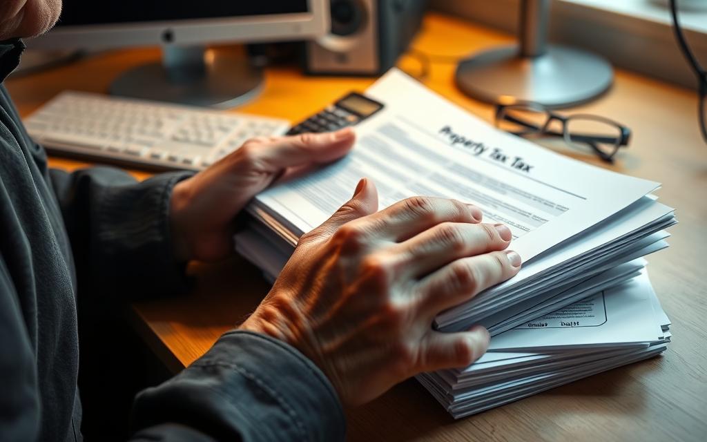A senior citizen's hands carefully organizing and reviewing neatly stacked documents related to property tax deductions, with a desktop computer, calculator, and reading glasses visible in the background. The lighting is soft and warm, creating a contemplative, administrative atmosphere. The focus is on the detailed paperwork, conveying the importance and diligence required in claiming this valuable tax benefit.