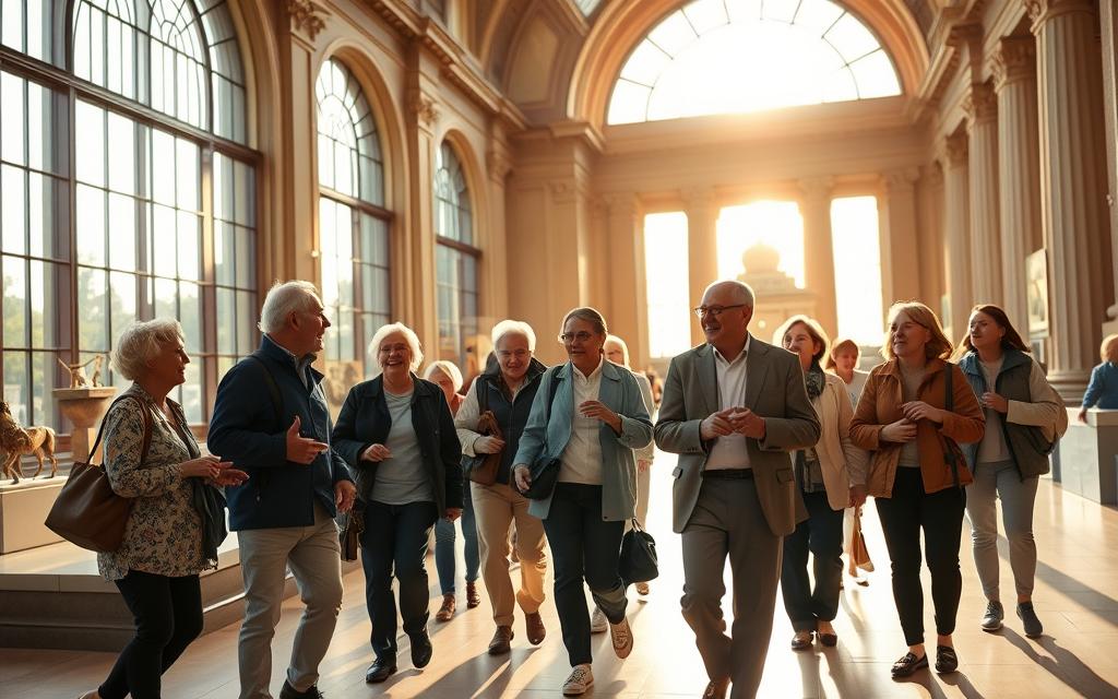 A senior-friendly guided tour group exploring the grand halls of the Smithsonian museums in Washington, DC. The warm afternoon light filters through the large windows, casting a soft glow on the historical artifacts and exhibits. A knowledgeable tour guide leads the group, gesturing animatedly as they pause to admire the intricate details of the museum's architecture. The seniors, equipped with comfortable walking shoes and listening devices, engage in lively discussions, sharing their own experiences and memories. The atmosphere is one of discovery, wonder, and a shared appreciation for the rich cultural heritage on display.