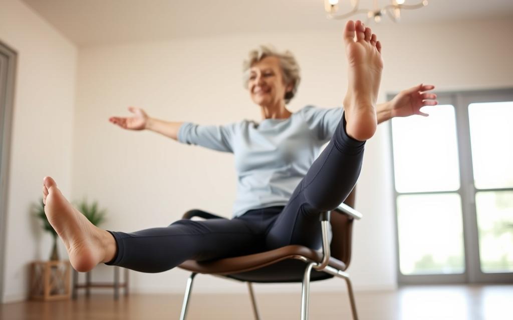 A senior woman sitting in a chair, performing a gentle pilates routine. The foreground shows her legs outstretched, engaging her core muscles as she lifts and lowers her feet. Her upper body is relaxed, with hands resting comfortably on the armrests. The middle ground reveals a simple, minimalist home setting, with soft, natural lighting filtering in from a nearby window. The background is blurred, creating a sense of tranquility and focus. The overall atmosphere is serene, calming, and empowering, showcasing the effectiveness of seated pilates for improving lower body strength in older adults.