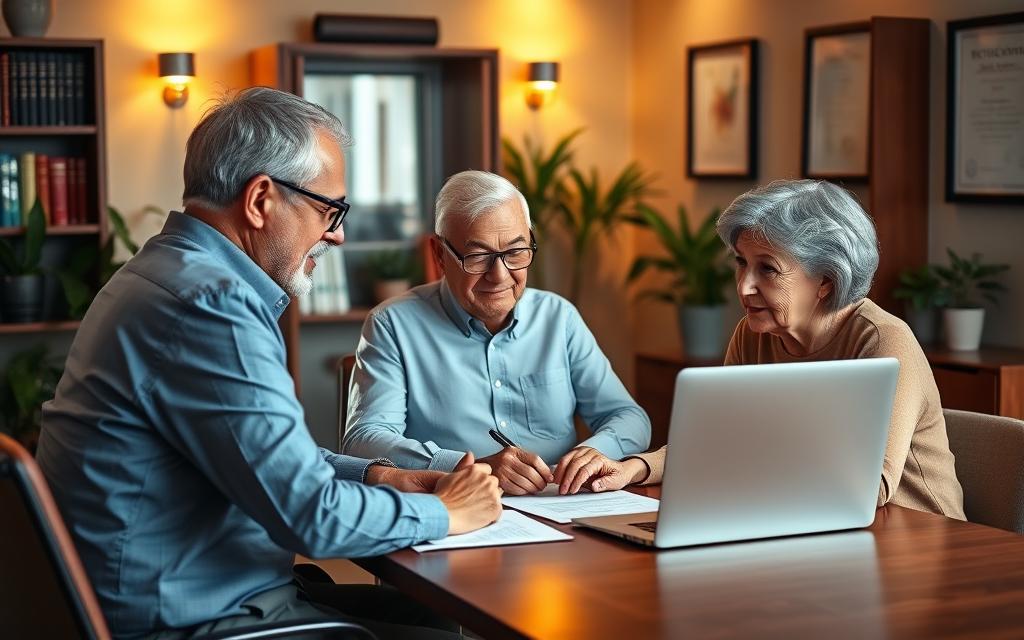 A serene and inviting office space with warm lighting, featuring a senior couple sitting across a desk, engaged in a thoughtful discussion with a financial advisor. The couple's expressions convey a sense of trust and confidence as they review retirement benefit plans and investment options on the advisor's laptop screen. The background showcases a bookshelf, potted plants, and framed certificates, creating an atmosphere of professionalism and financial expertise. The overall scene reflects the importance of comprehensive financial planning for senior citizens' golden years.