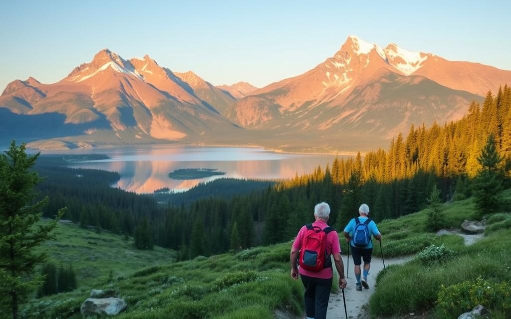 A serene landscape showcasing the grandeur of a national park, perfect for senior travelers. In the foreground, a well-maintained hiking trail winds through lush greenery, with elderly hikers enjoying the tranquil atmosphere. The middle ground features towering peaks, their snow-capped summits reflecting the warm, golden light of the setting sun. In the background, a pristine lake mirrors the surrounding natural beauty, inviting visitors to pause and take in the breathtaking scenery. The overall mood is one of relaxation and wonder, capturing the essence of an ideal vacation destination for active seniors seeking to explore America's natural treasures.