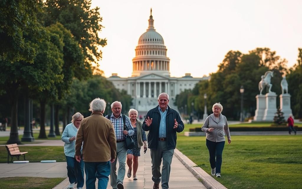 A serene scene of senior citizens exploring the historic Capitol Hill in Washington, DC. In the foreground, a group of elderly individuals stroll leisurely along the tree-lined sidewalks, admiring the stately architecture and monuments that dot the landscape. In the middle ground, a knowledgeable tour guide gestures enthusiastically, sharing insights about the rich history and significance of the area. In the background, the iconic Capitol building stands tall, its grand dome casting a warm, inviting glow under the soft, diffused lighting of a golden hour sunset. The atmosphere is one of comfort, learning, and a sense of wonder as the seniors engage in a guided excursion tailored to their needs and interests.