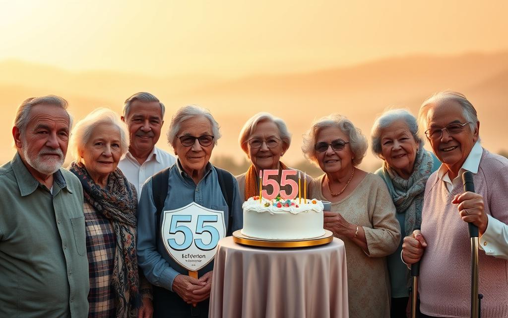 A serene scene of senior citizens marking key age milestones, set against a warm, golden-hued backdrop. In the foreground, a group of elderly individuals stand or sit together, their faces etched with the wisdom and experience of a lifetime. The middle ground features symbolic icons representing significant age marker of 55 years. In the distant background, a soft, hazy landscape evokes a sense of tranquility and the passage of time. Gentle lighting casts a cozy, contemplative mood, inviting the viewer to reflect on the meaningful stages of a senior's journey.