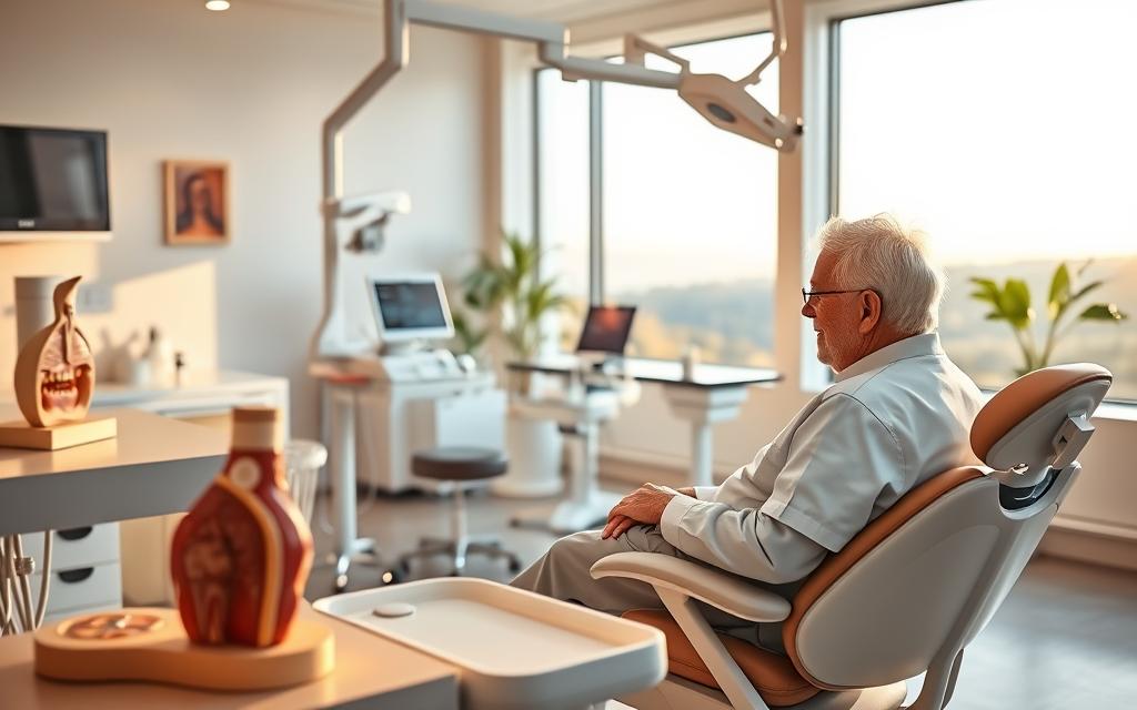 A serene senior dental clinic interior, illuminated by warm, natural lighting. In the foreground, an elderly patient sits comfortably in a dentist's chair, discussing treatment options with a caring, attentive professional. Detailed anatomical models and diagnostic equipment subtly suggest the medical nature of the environment. The middle ground features a panoramic view of the clinic, showcasing state-of-the-art technology and a calming, inviting atmosphere. The background depicts a tranquil landscape visible through large windows, hinting at the holistic approach to dental health and well-being.
