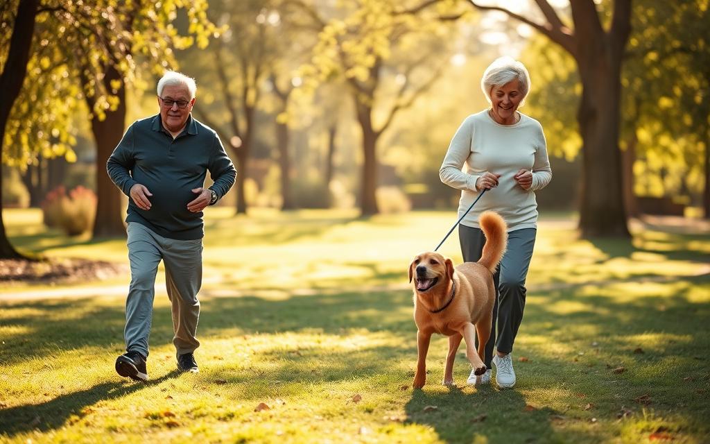 A serene, sun-dappled park scene showcases a senior couple gently guiding their loyal canine companion through a series of low-impact exercises. The elderly pair, dressed in comfortable athleisure, move with calm, measured steps, their faces reflecting the tranquility of the moment. The dog, a friendly, medium-sized breed, eagerly follows their lead, its attentive gaze and wagging tail conveying the mutual joy of this shared activity. The scene is bathed in a soft, golden light, creating a sense of warmth and contentment. The overall mood is one of gentle, low-intensity exercise tailored to the needs and abilities of the senior owners and their devoted pet.