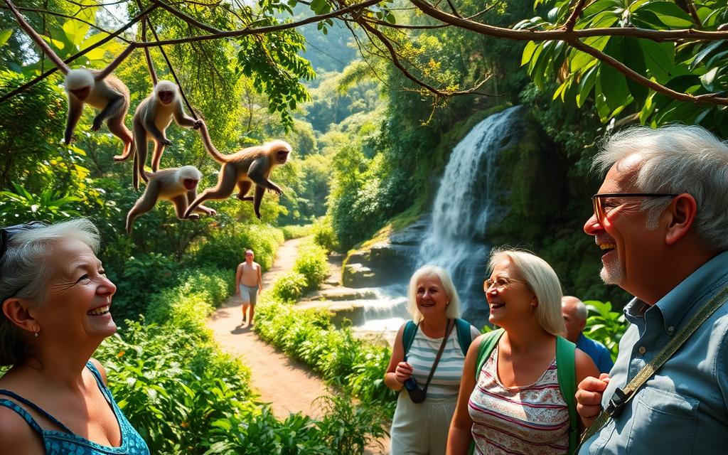 A serene, sun-dappled scene in the lush rainforests of Costa Rica. In the foreground, a group of active senior travelers, their faces alight with joy, observe a troupe of curious white-faced capuchin monkeys leaping between the verdant canopy. The middle ground reveals a winding hiking trail, flanked by vibrant tropical flora. In the distance, a majestic waterfall cascades over mossy rocks, its mist catching the golden rays of the afternoon sun. Capture the spirit of adventure and wonder that defines this destination for wanderlust-filled seniors. A serene, sun-dappled scene in the lush rainforests of Costa Rica. In the foreground, a group of active senior travelers, their faces alight with joy, observe a troupe of curious white-faced capuchin monkeys leaping between the verdant canopy. The middle ground reveals a winding hiking trail, flanked by vibrant tropical flora. In the distance, a majestic waterfall cascades over mossy rocks, its mist catching the golden rays of the afternoon sun. Capture the spirit of adventure and wonder that defines this destination for wanderlust-filled seniors.