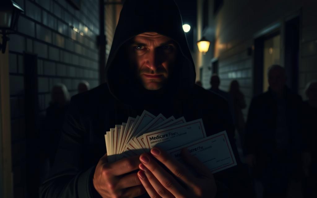 A shadowy figure in a dark alley, carefully manipulating a stack of fake Medicare Flex Cards. The cards have a glossy, official-looking sheen, casting an ominous glow under the dim streetlights. In the background, the silhouettes of unsuspecting senior citizens linger, unaware of the deceptive scheme unfolding before them. The scene is tense, the atmosphere heavy with a sense of unease, as the perpetrator's calculating gaze betrays the psychological tactics at play. The image conveys the sinister nature of Medicare fraud, highlighting the predatory exploitation of vulnerable individuals.