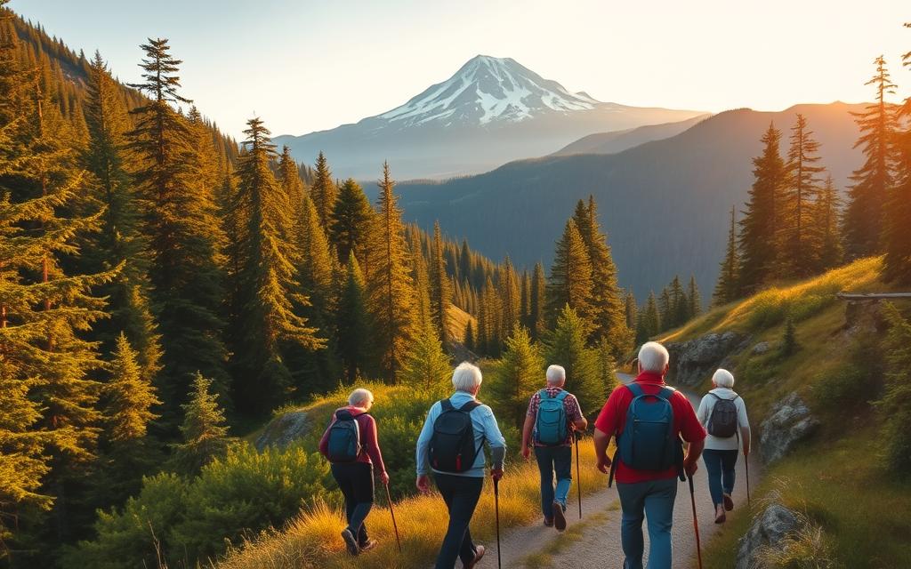A small group of seniors exploring the awe-inspiring landscapes of a national park, hiking along a winding trail through a lush, verdant forest. The warm afternoon sun casts a golden glow, highlighting the vibrant greens of the towering trees and the rugged terrain. In the distance, a majestic mountain peak stands tall, its snow-capped summit glistening. The group moves with a sense of adventure and camaraderie, taking in the breathtaking vistas and creating cherished memories. The scene captures the spirit of active, senior travel, immersed in the natural beauty of the Pacific Northwest.
