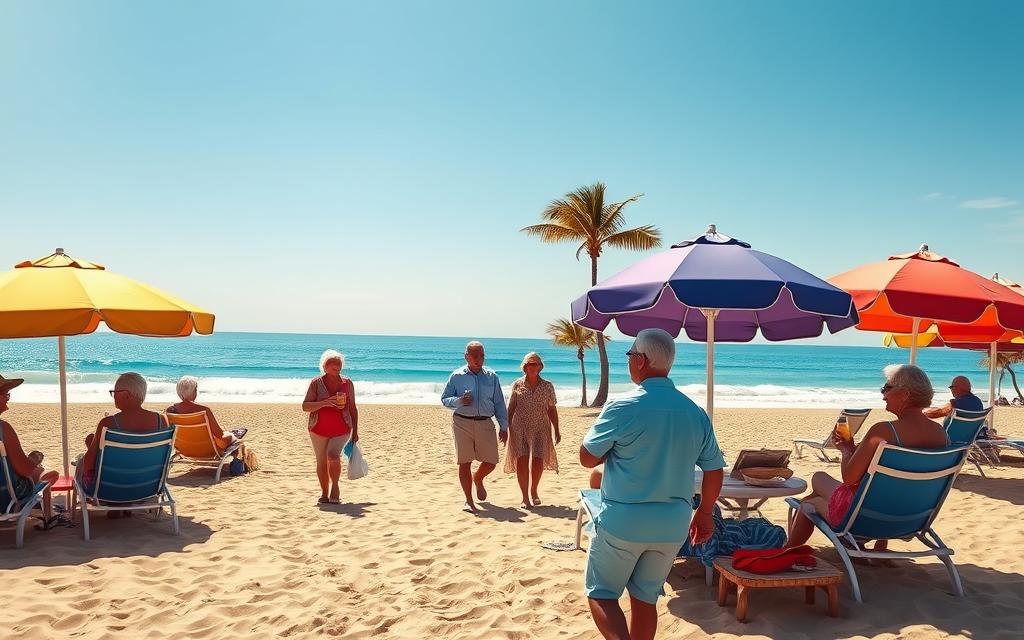 A sun-drenched beach scene, with senior vacationers leisurely strolling along the golden sand. In the foreground, a group of retirees relax under large, colorful beach umbrellas, sipping refreshing drinks. In the middle ground, an elderly couple walks hand-in-hand, admiring the gently lapping waves. The background features a serene, azure ocean horizon, punctuated by a few swaying palm trees. The lighting is soft and warm, creating a tranquil, inviting atmosphere. A wide-angle lens captures the expansive, picturesque setting, highlighting the peaceful, relaxing vibe of this senior-friendly beach destination.