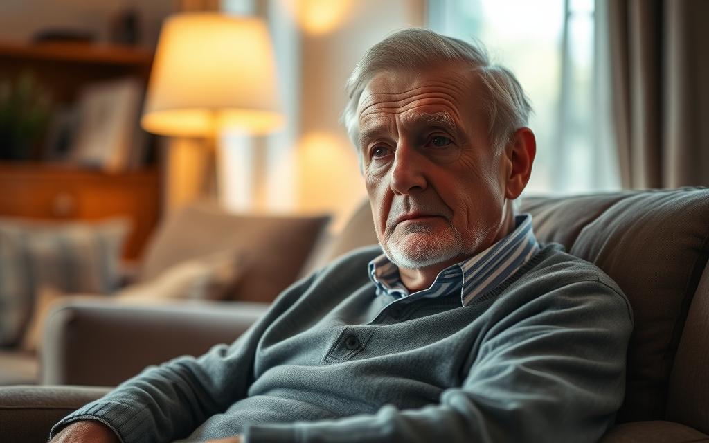 A tranquil scene of an elderly gentleman, his face weathered by the passage of time, contemplating the notion of aging. He sits comfortably in a plush armchair, surrounded by the warm glow of a cozy living room. Soft, diffused lighting casts a gentle, introspective mood, as he ponders the significance of reaching the age of 55 and the implications of being considered a &quot;senior citizen.&quot; The composition emphasizes his contemplative expression, inviting the viewer to reflect on the nuances of defining one's stage of life.