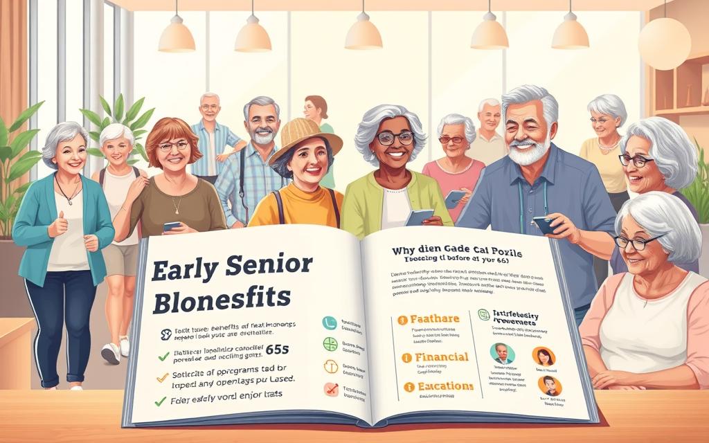 A vibrant, detailed illustration showcasing the early senior benefits before age 65. Set in a warm, inviting atmosphere, the image depicts a group of active, smiling senior citizens engaged in various activities such as exercising, socializing, and attending educational classes. The foreground features a well-designed brochure or guide highlighting the key benefits and programs available to this age group, including healthcare, financial planning, and leisure opportunities. The middle ground showcases a diverse array of seniors enjoying these benefits, while the background subtly suggests a modern, technology-enabled setting. Soft, natural lighting and a balanced, harmonious color palette create a sense of positivity and empowerment, inviting the viewer to explore the exciting new world of early senior advantages.