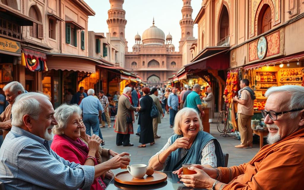 A vibrant gathering of seniors in a bustling cultural oasis, where the air is thick with the scent of spices and the sounds of lively music. In the foreground, a group of elders leisurely sip tea and swap stories, their faces alight with joy and wonder. In the middle ground, a lively marketplace bustles with artisans showcasing their wares, each stall a riot of color and texture. In the background, grand architectural marvels stand tall, their intricate details catching the warm glow of the afternoon sun. This scene exudes a sense of cultural enrichment and community, a haven for seniors seeking to immerse themselves in the vibrant tapestry of a new destination.