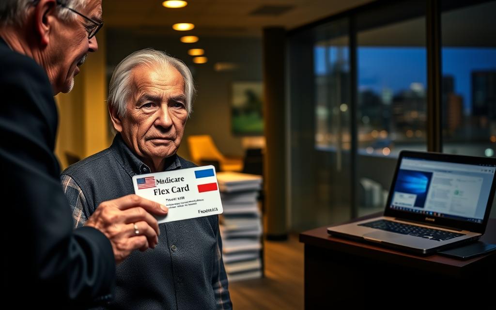 A vibrant, high-contrast scene depicting a senior citizen being approached by a suspicious individual offering a "Medicare Flex Card". The foreground shows the senior, with a concerned expression, being handed a plastic card by a shadowy figure in a dark suit. The middle ground features an ominous-looking office interior, with stacks of paperwork and a laptop displaying fraudulent documentation. The background is a blurred cityscape, hinting at the broader scope of the scam. Dramatic lighting casts dramatic shadows, conveying a sense of unease and deception. The overall mood is one of caution, as the image aims to visually warn viewers about the dangers of Medicare Flex Card scams.