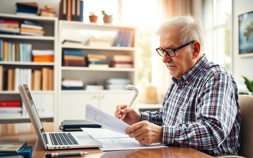 A vibrant, well-lit scene showcasing the financial benefits and tax advantages available to visually impaired senior citizens. In the foreground, an elderly person with white cane and dark glasses sits at a desk, carefully reviewing tax documents. The middle ground features shelves with books, folders, and a laptop, symbolizing the resources and information accessible to this demographic. The background depicts a serene, sun-dappled home office, conveying a sense of comfort and ease. The overall mood is one of empowerment, highlighting how these vital tax incentives and programs can significantly improve the lives of legally blind seniors.