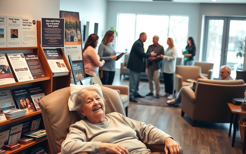 A warm, inviting interior scene showcasing a variety of non-profit donation programs for senior citizens. In the foreground, an elderly person comfortably resting in a lift chair recliner, their face radiating contentment. Around them, shelves display informational brochures and flyers highlighting different assistance initiatives, such as meal delivery, transportation services, and financial aid. The middle ground features a group of volunteers enthusiastically discussing options with seniors, guiding them through the available resources. In the background, a cozy lounge area with plush seating and bright natural lighting, creating an atmosphere of care and community. The overall mood is one of support, empowerment, and a commitment to improving the quality of life for the elderly.