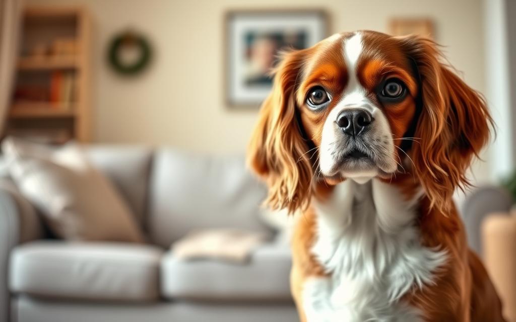 A warm, inviting portrait of a Cavalier King Charles Spaniel, its silky coat gleaming in soft, natural lighting. The dog sits in the foreground, its gentle, affectionate gaze meeting the viewer's eyes. The middle ground features a cozy, comfortable setting, perhaps a senior's living room, hinting at the breed's suitability as a loyal companion for older adults. The background is softly blurred, placing the focus on the dog's captivating presence. Capture the Cavalier's irresistible charm and the bond it can share with its senior owner, a vision of companionship and comfort in the golden years.