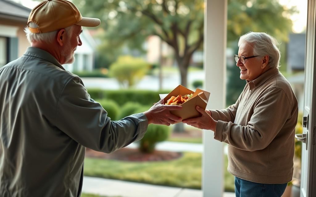 A warm, inviting scene of a senior citizen receiving a Medicare meal delivery at their doorstep. In the foreground, a friendly delivery driver hands a well-packaged, nutritious meal to an elderly person standing on their porch, their face lit with a grateful smile. The middle ground shows the neatly landscaped yard and a tidy, well-maintained home, conveying a sense of comfort and security. In the background, a serene neighborhood with trees and homes, bathed in soft, natural lighting that creates a cozy, peaceful atmosphere. The overall mood is one of care, community, and the important role that Medicare meal delivery plays in supporting the health and well-being of older adults.