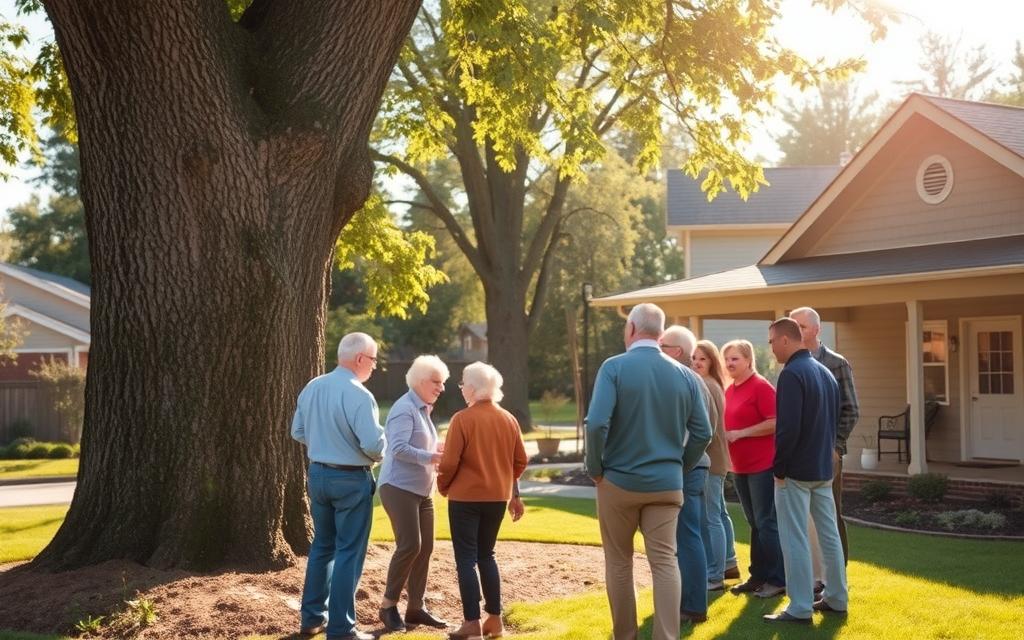 A warm, sunlit scene of a non-profit organization providing free tree removal services for senior citizens. In the foreground, a group of friendly volunteers assist an elderly couple as they inspect a towering tree in their backyard. The middle ground features a well-maintained, tree-lined suburban neighborhood. In the background, a cozy community center with a welcoming, inviting atmosphere. The lighting is soft and natural, capturing the caring, compassionate spirit of the organization. The overall tone is one of helpfulness, community, and support for the senior population.