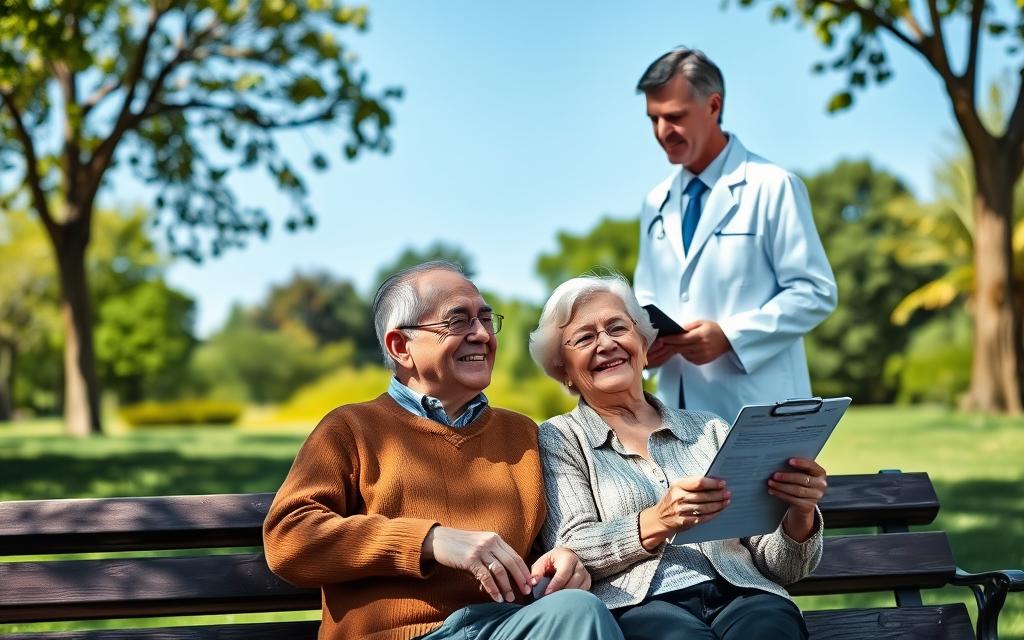 A warm, well-lit scene of two smiling senior citizens discussing their dental coverage. In the foreground, an elderly couple sit comfortably on a park bench, engaged in a friendly conversation. Their expressions are warm and inviting, conveying a sense of contentment and security. In the middle ground, a doctor in a white coat approaches them, holding up a clipboard, indicating a discussion about their Medicare dental benefits. The background features a tranquil park setting, with lush greenery and a clear, azure sky, creating a calming, reassuring atmosphere. The lighting is soft and natural, highlighting the faces of the individuals and the details of their surroundings. The overall composition strikes a balance between the personal interaction and the broader context of Medicare dental coverage.