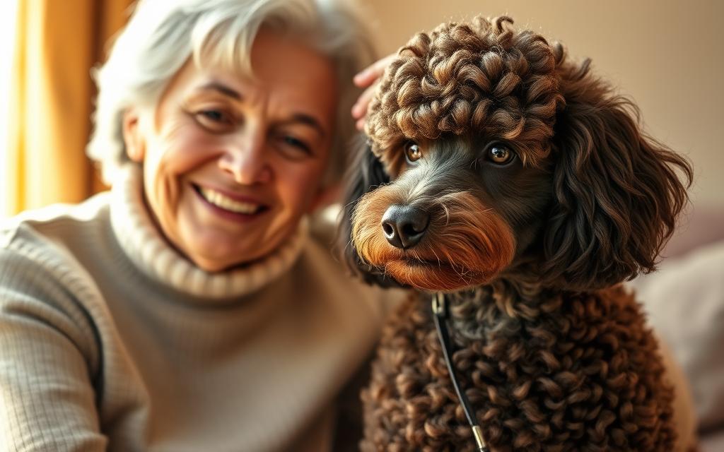 A well-groomed, curly-haired poodle sits attentively beside a smiling senior citizen, their bond evident in the gentle hand resting on the dog's head. The scene is bathed in warm, golden lighting, creating a cozy and inviting atmosphere. The poodle's intelligent gaze and the human's serene expression convey a deep sense of companionship and comfort, perfectly capturing the essence of this versatile breed as an ideal companion for older adults.