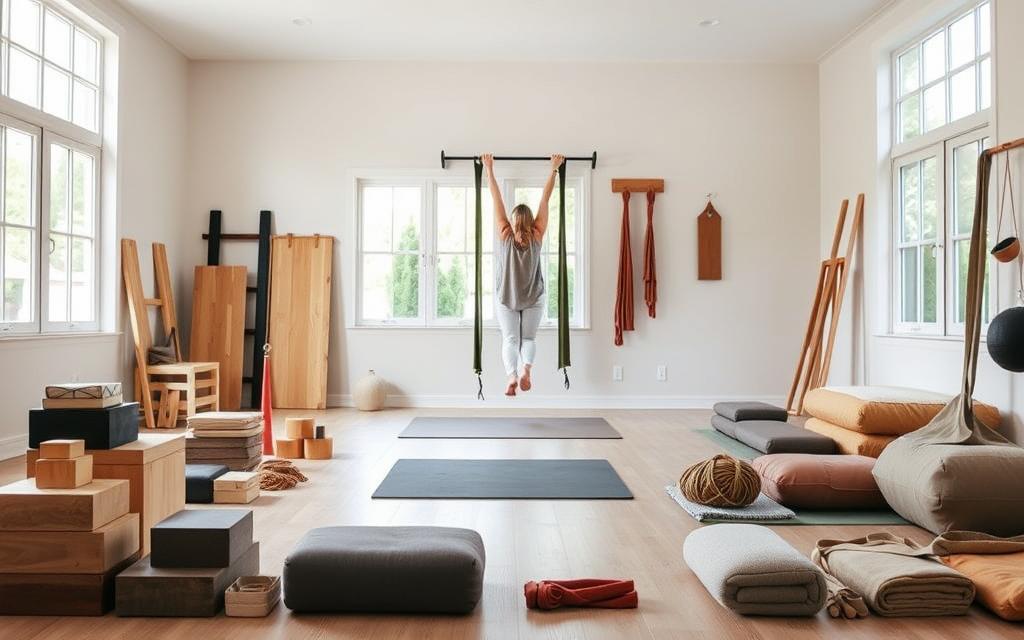 A well-lit, airy studio filled with an assortment of wall yoga props for older adults. In the foreground, a collection of sturdy yoga blocks, straps, and bolsters in earthy tones, strategically placed to aid in balance and support. The middle ground showcases a padded yoga mat and a sturdy, adjustable wall-mounted pull-up bar, designed to facilitate gentle stretching and weight-bearing exercises. In the background, large windows allow natural light to flood the space, creating a calming, serene atmosphere. The overall scene conveys a sense of tranquility and accessibility, inviting older adults to engage in a safe and supportive wall yoga practice.