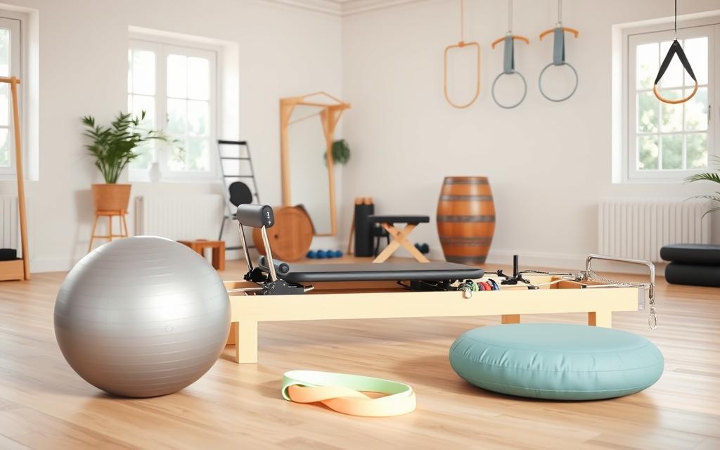A well-lit, cozy studio filled with senior-friendly Pilates equipment. In the foreground, a padded Pilates reformer with adjustable settings, invitingly positioned. Nearby, a sturdy Pilates ball and a set of resistance bands in pastel shades, suggesting modifications for older adults. The middle ground showcases a high-backed Pilates chair and a stability cushion, enabling low-impact exercises. In the background, a wooden ladder barrel and a set of lightweight Pilates rings hang from the ceiling, providing a range of options for a comprehensive senior Pilates workout. Soft, natural lighting filters through large windows, creating a serene and rejuvenating atmosphere.