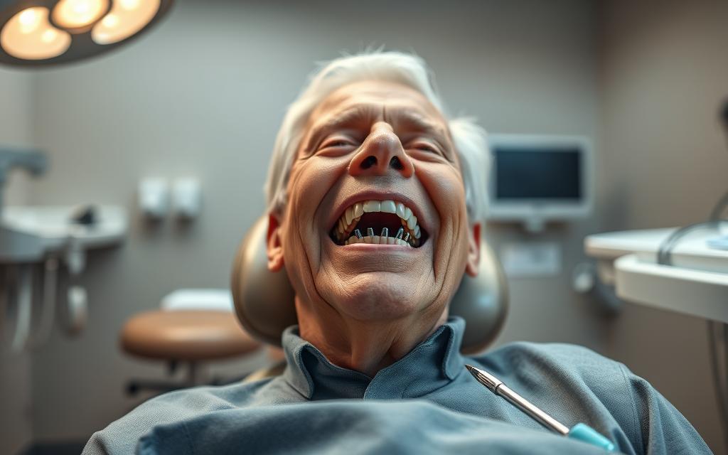 A well-lit dental office interior, with an elderly patient in a reclining chair at the center. The patient's mouth is open, revealing a series of dental implants seamlessly integrated into the gums, reflecting the skilled work of an experienced dentist. Shiny surgical tools, sterilized and neatly arranged, convey the precision of the procedure. A soothing, calming atmosphere with muted tones and soft lighting puts the senior at ease. The scene exudes a sense of trust, comfort and confidence in modern dental technology benefiting the aging population.