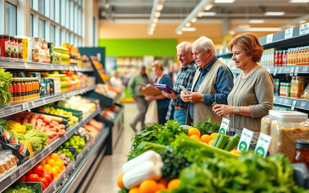 A well-lit, high-resolution image of a grocery store aisle showcasing various approved Medicare grocery allowance food categories. The scene features a clean, modern supermarket interior with bright, natural lighting filtering in through large windows. The foreground displays a variety of fresh produce, including leafy greens, colorful fruits, and vegetables, neatly arranged on shelves. The middle ground features canned goods, dairy products, and whole grains, all labeled with Medicare-approved category tags. In the background, senior citizens are carefully selecting items, their faces expressing satisfaction and contentment. The overall atmosphere conveys a sense of health, convenience, and accessibility for Medicare recipients.